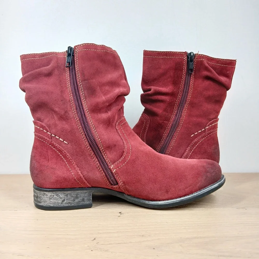Earth Ankle Boots Women 8W Red Suede Slouchy Buckle Zip Relief Pod Mid Calf